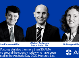 Image of Associate Professor Gino Pecoraro OAM, Clinical Associate Professor Saxon Smith AM, Dr Margaret Kay AM superimposed on AMA blue background 