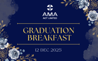 Graduation Breakfast header image with navy blue background, blue and gold flowers and academic cap, AMA ACT logo