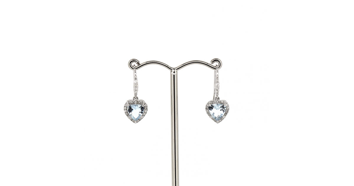4K White Gold, Aquamarine and Diamond, Halo Heart Earrings
