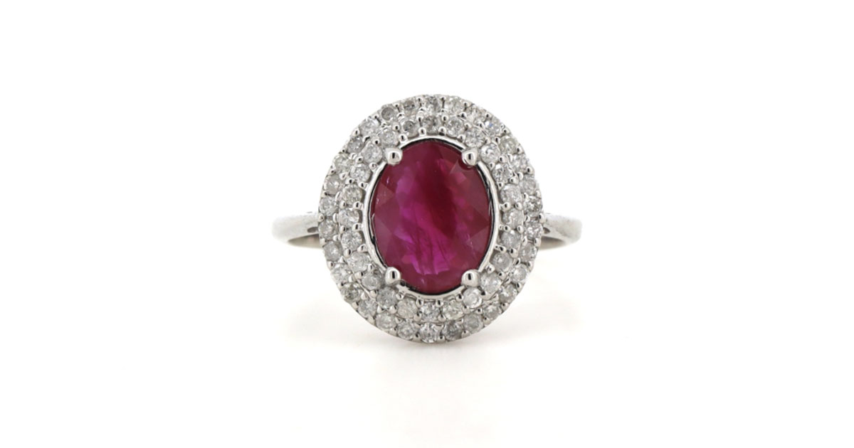 14K White Gold, Ruby and Diamond, Double Halo Ring