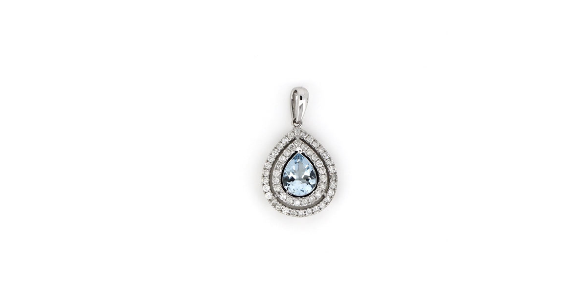 14K White Gold Aquamarine and Diamond Double Halo Pendant Necklace