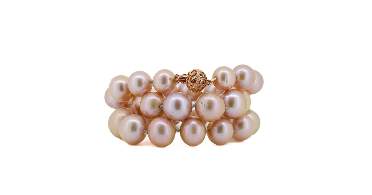 14K Rose Gold, Pink Cultured Pearl and Diamond, Strand Necklace