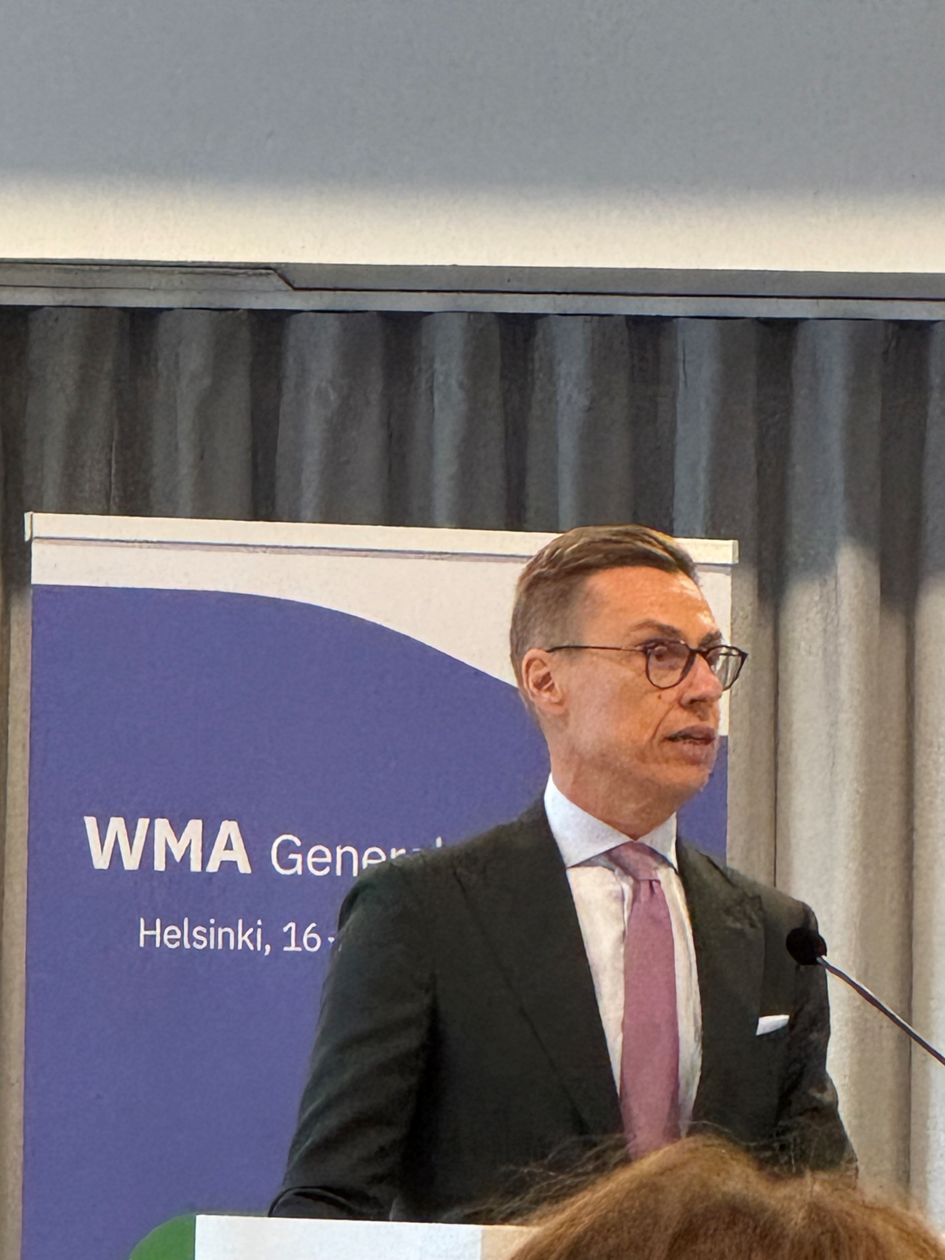 Finnish President Alexander Stubb addresses the WMA General Assembly, acknowledging the 60th anniversary of the Declaration of Helsinki and talking about the moral and ethical issues facing the profession.