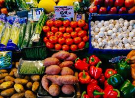 A variety of fruit and vegetables displayed for sale