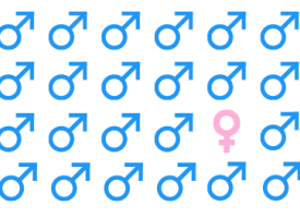 rows of the male representative symbols in blue with one pink female symbol 