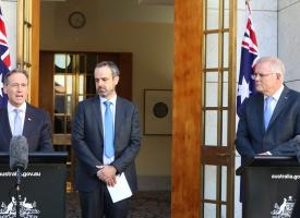 Health Minister Greg Hunt, with Dr Omar Khorshid and PM Morrison at press conference