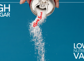 soft drink can with sugar being poured out of it and text saying high in sugar low in value 