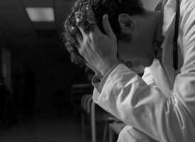 Male doctor sitting with head in hands 