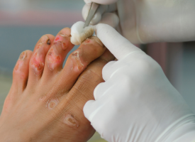 Injured raw skin toes being treated 