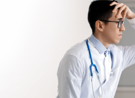 A young male doctor looking stressed