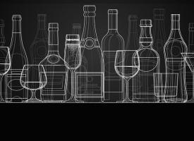 Alcoholic glasses white outline, on black background. 