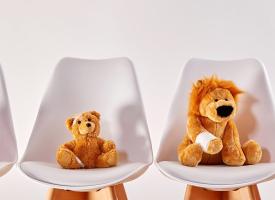 Teddy bears sitting on waiting room chairs