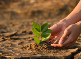 Child planting a tree in dry ground