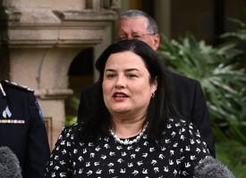 Dr Maria Boulton in foreground with Police Commissioner Katarina Carroll at a media conference last year