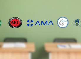 AMA and education group logos on a blurred background showing two school desks