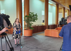AMA President Dr Danielle McMullen speaking to the media in the Mural Hall at Parliament House, Canberra