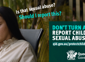 A Queensland government advertisement for the "Don't Turn Away" campaign to ensure child abuse is reported. The image features a confused and sad woman with black hair and a cream-coloured shirt thinking very deeply.
