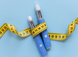 Two weight loss injection pens wrapped in a tape measure