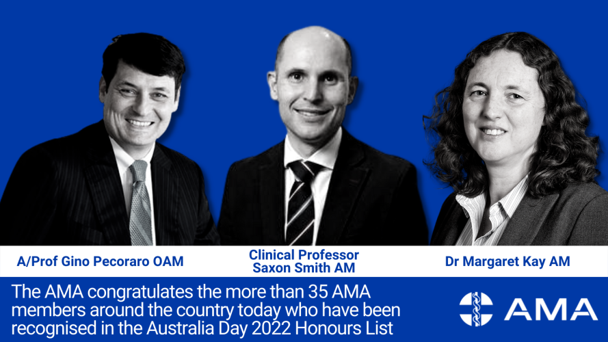 Image of Associate Professor Gino Pecoraro OAM, Clinical Associate Professor Saxon Smith AM, Dr Margaret Kay AM superimposed on AMA blue background