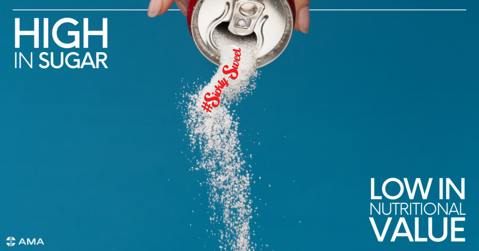 soft drink can with sugar being poured out of it and text saying high in sugar low in value