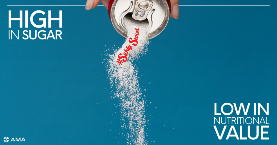 soft drink can with sugar being poured out of it and text saying high in sugar low in value 