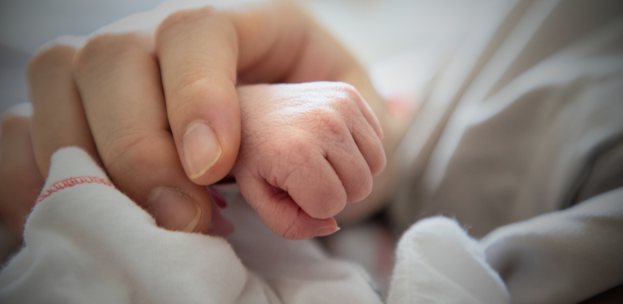 Newborn baby's hand held by a mother's hand
